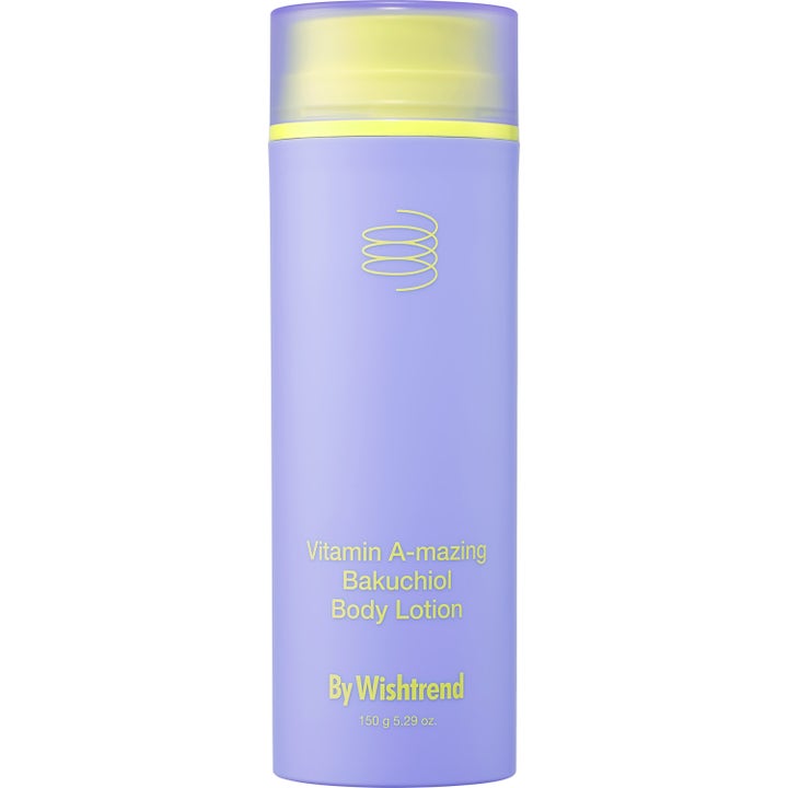 By Wishtrend Vitamin A-mazing Bakuchiol Body Lotion 150 g udglattende kropspleje i lilla plastflaske med gult låg