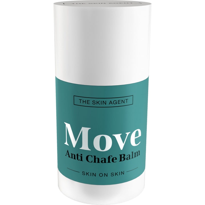 The Skin Agent Move Anti Chafe Balm 25 ml beskytter mod slidmærker i en hvid stift med en markant turkis etiket.