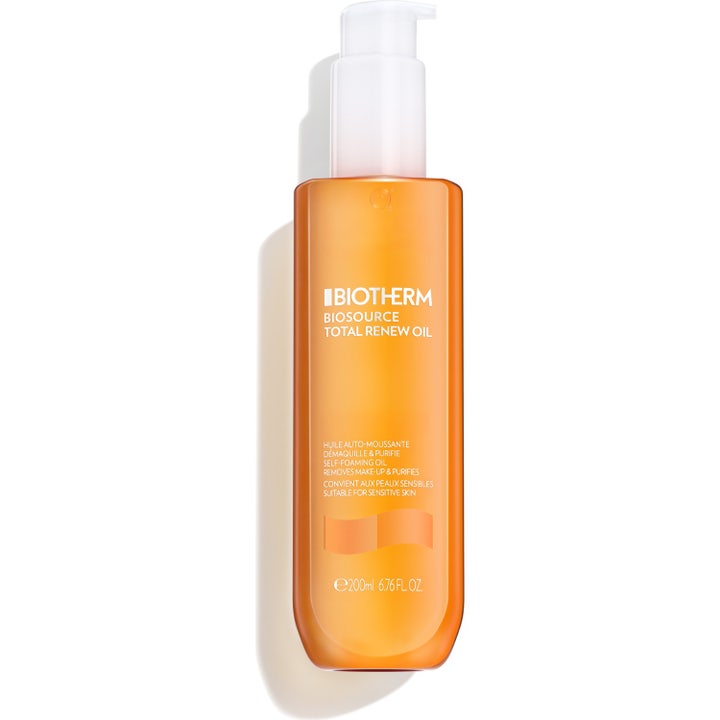 Biotherm Biosource Total Renew Oil 200 ml rensende ansigtsolie der renser huden i orange gennemsigtig flaske med hvid pumpe