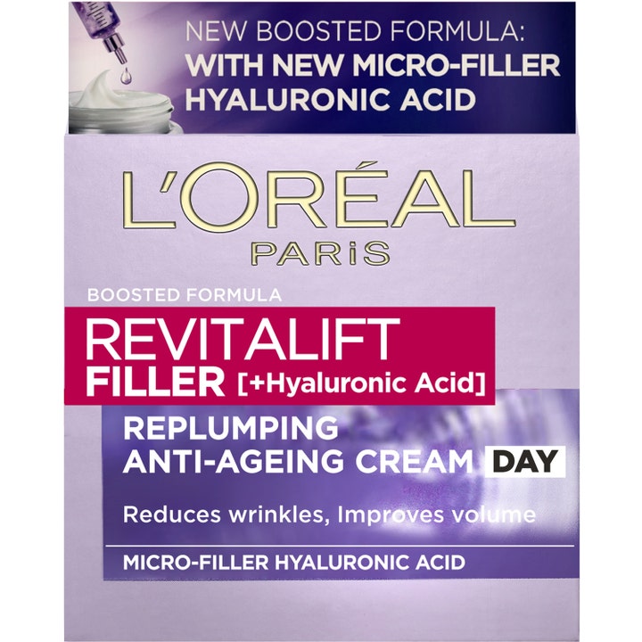 L'Oréal Paris Revitalift Filler 50 ml dagcreme i lilla papæske der giver fylde og reducerer rynker med hyaluronsyre