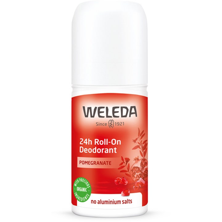 Weleda 24h Roll-On Deodorant Pomegranate 50ml uden aluminiumsalte i hvid roll-on med rød granatæbleetiket