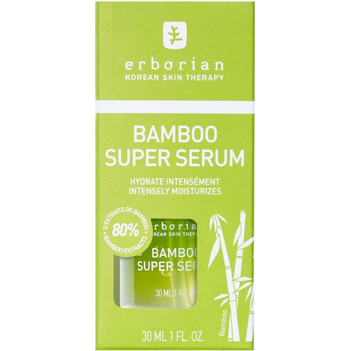 Erborian Bamboo Super Serum 30 ml fugtgivende ansigtsserum i grøn æske med 80% bambusekstrakt og vindue