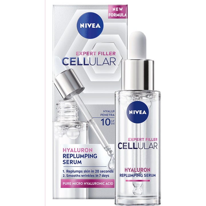 Nivea Cellular Expert Filler Hyaluron Replumping Serum udfyldende serum i klar glasflaske med pipette og sølv æske