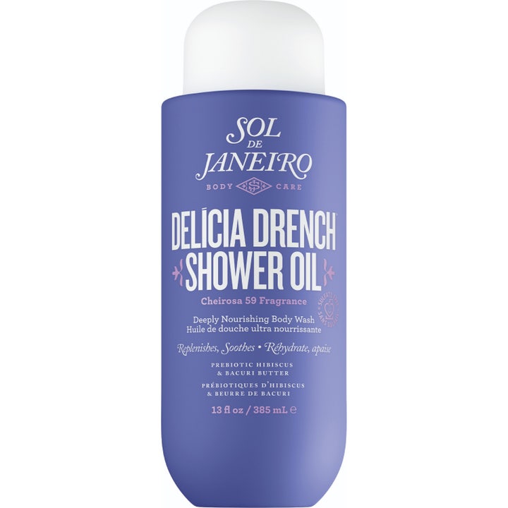 Sol de Janeiro Delícia Drench Shower Oil 385 ml nærende kropsvask i lilla flaske med hvidt låg