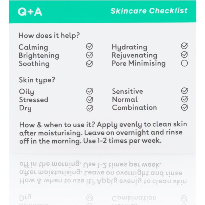 Q+A Cica Calming Overnight Face Mask 50 g beroligende ansigtsmaske med tjekliste over hudfordele