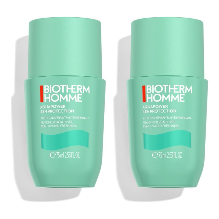 Biotherm Homme Aquapower 48H Protection 75ml antiperspirant giver friskhed i to turkise beholdere med gråt låg