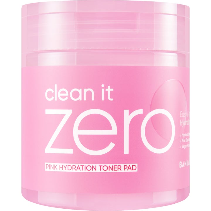 Banila Co Clean It Zero Pink Hydration Toner Pad fugtgivende toner pads i en lyserød krukke med hvid tekst
