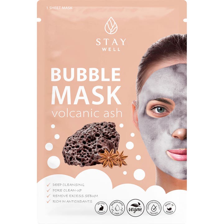 Stay Well Bubble Mask Volcanic Ash 1 stk dybderensende ansigtsmaske i ferskenfarvet emballage med grå boblemaske