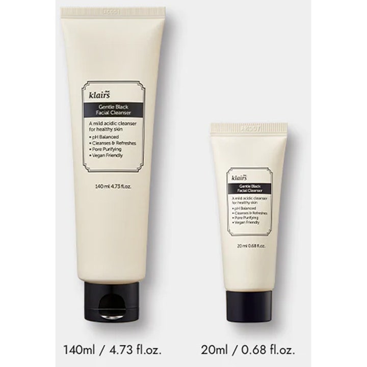 Klairs Gentle Black Facial Cleanser 20 ml vegansk ansigtsrens i beige tuber der renser porer og giver sund hud