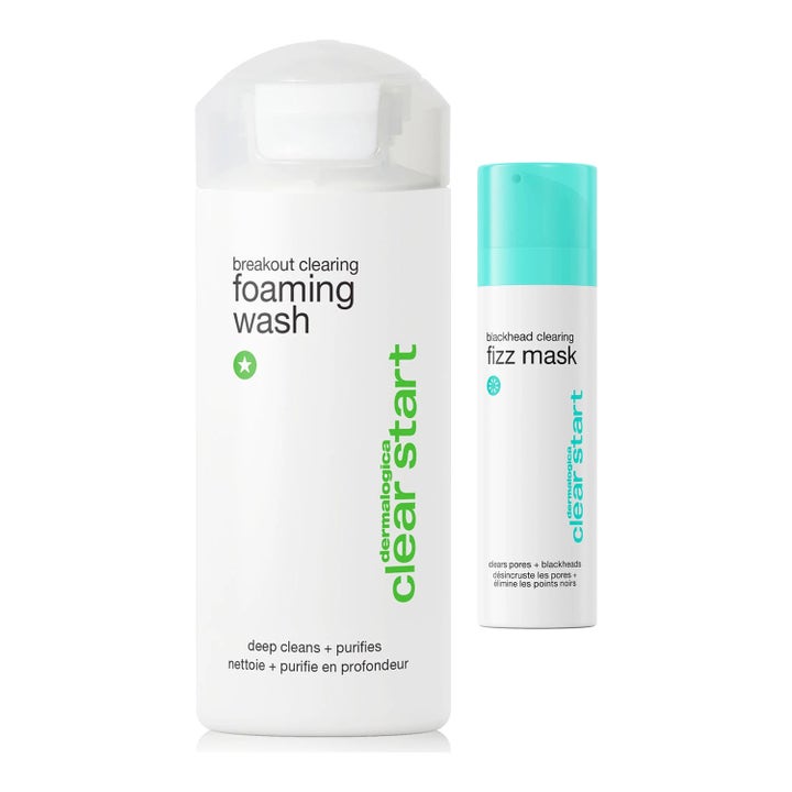 Dermalogica Clear Start Blackhead Clearing Fizz Mask og Foaming Wash mod bumser i hvide flasker med turkis detaljer