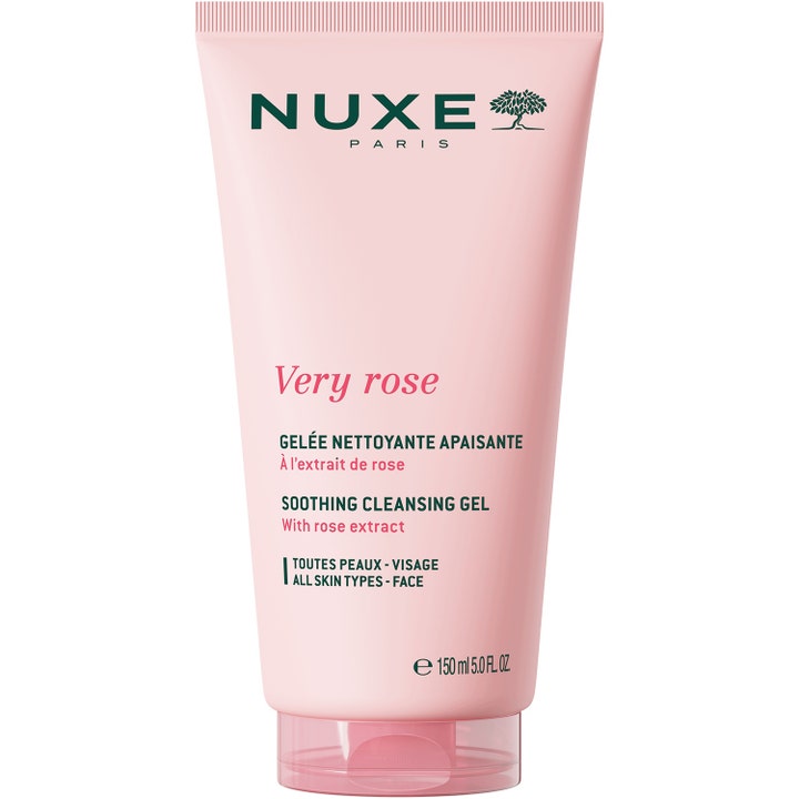 Nuxe Very Rose Soothing Cleansing Gel 150 ml beroligende ansigtsrens i lyserød tube med gennemsigtigt låg