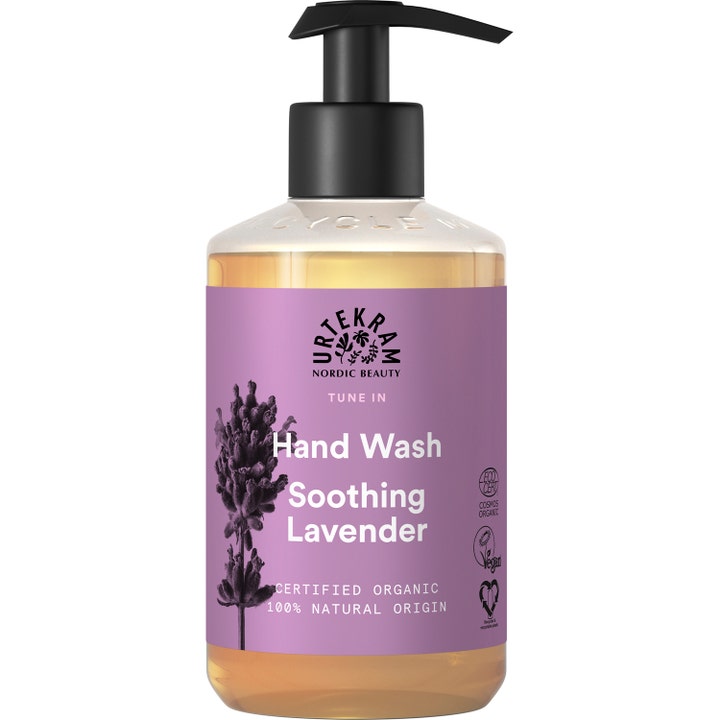 Urtekram Soothing Lavender Hand Wash 300 ml beroligende økologisk håndsæbe i klar flaske med lilla etiket og sort pumpe