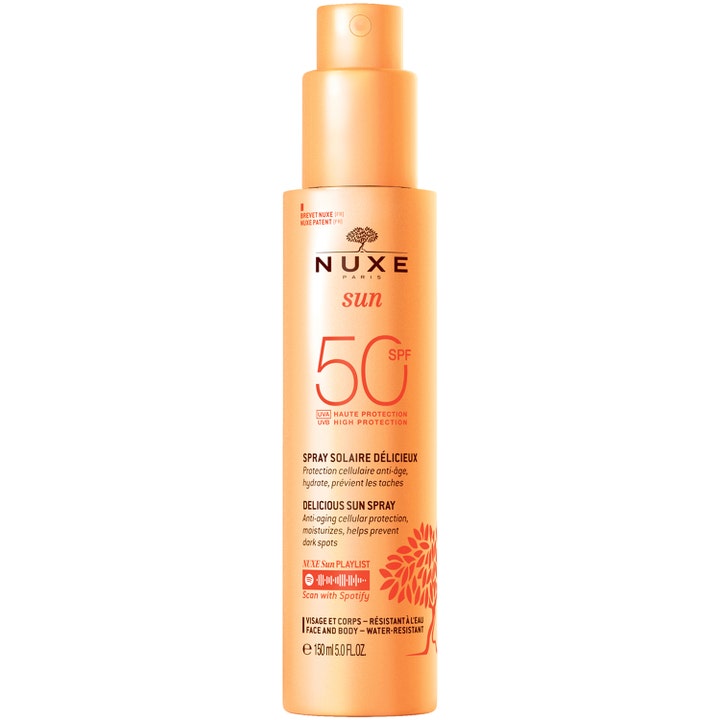 Nuxe Sun Delicious Sun Spray 150 ml solcreme SPF 50 modvirker mørke pletter i slank orange sprayflaske