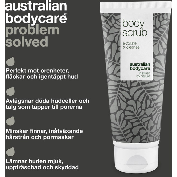 Australian Bodycare Body Scrub 200 ml eksfolierende kropsscrub i tube med gråt bladmotiv mod uren hud