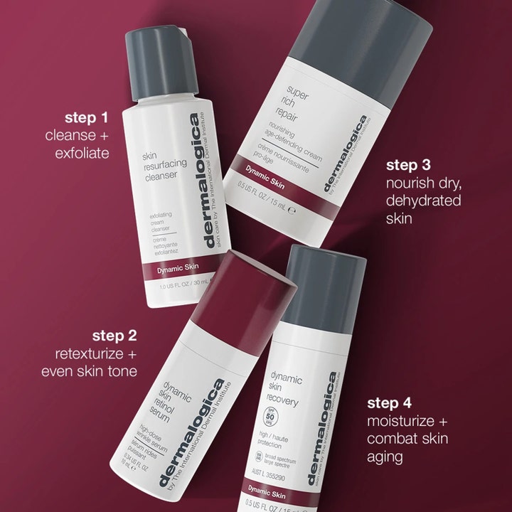 Dermalogica Skin Aging Solutions 70 ml hudplejesæt mod rynker med fire hvide flasker på rød baggrund.