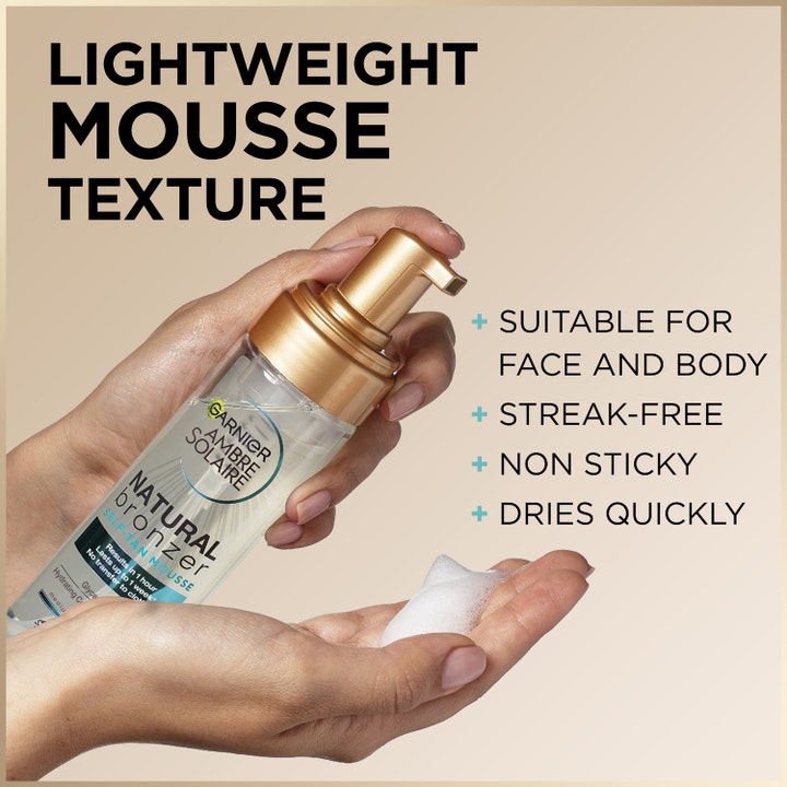 Garnier Ambre Solaire Natural Bronzer 200 ml selvbruner mousse i pumpeflaske der giver en jævn glød uden striber.