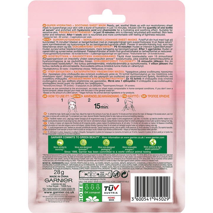 Garnier Skin Active Moisture Bomb 28 g beroligende sheet mask med kamille på bagsiden af emballagen
