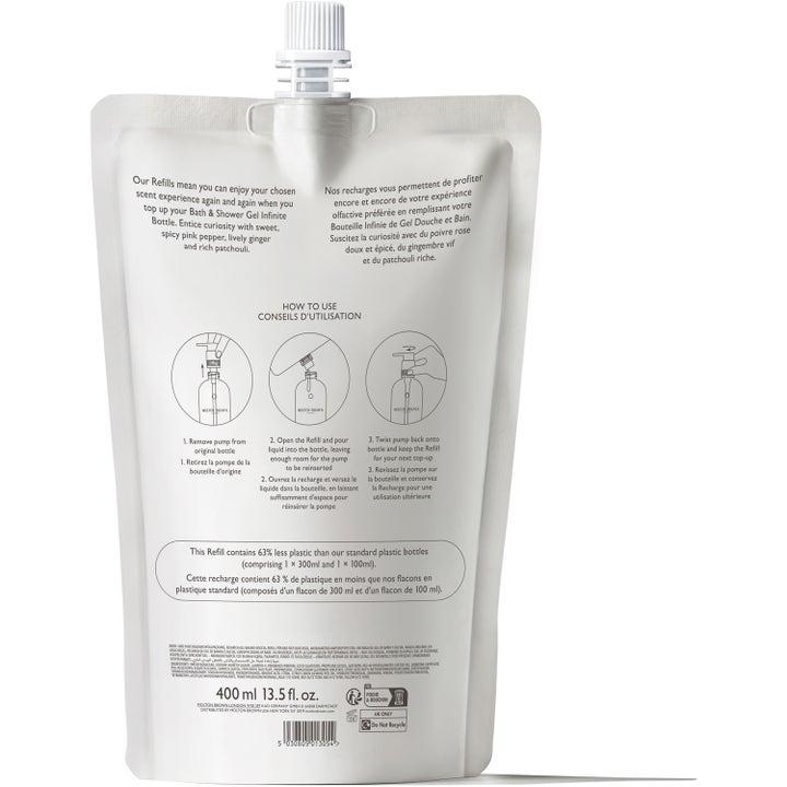 Molton Brown Fiery Pink Pepper Bath & Shower Gel 400 ml refillpose i plast med brugsvejledning og genopfyldningsguide.