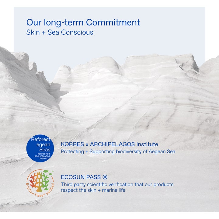 KORRES Yoghurt Tinted Sunscreen Face Cream SPF50 50 ml solcreme viser hvide klipper og Skin + Sea Conscious mærker.