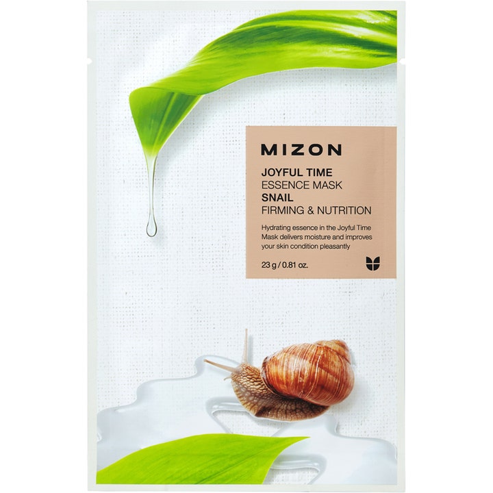 Mizon Joyful Time Essence Mask Snail 23 g opstrammende ansigtsmaske i hvid pose med snegleekstrakt og grønne blade