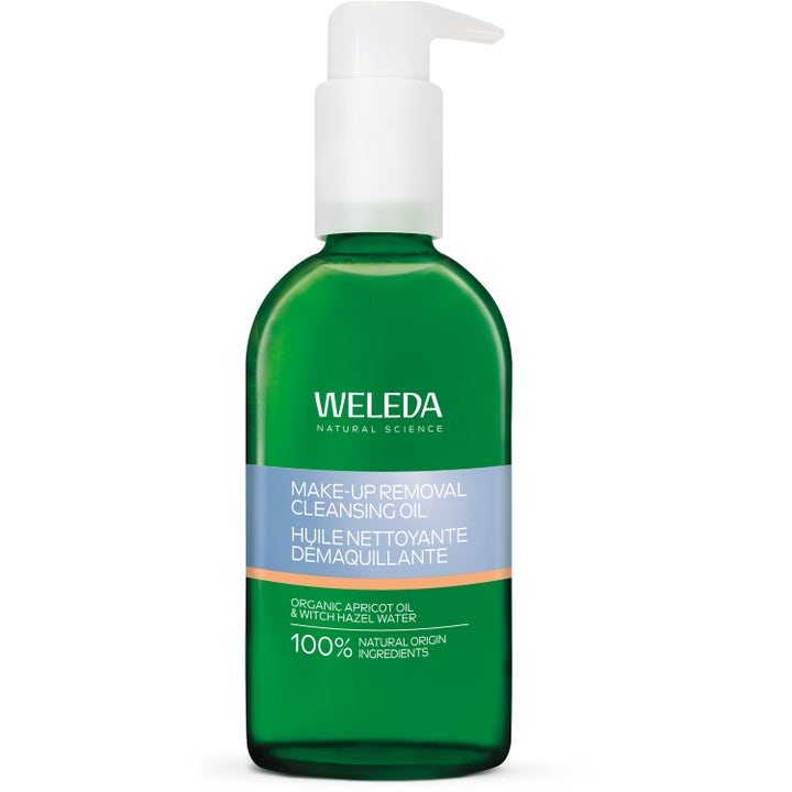 Weleda Make-up Removal Cleansing Oil ansigtsrens med abrikosolie i en mørkegrøn flaske med hvid pumpe