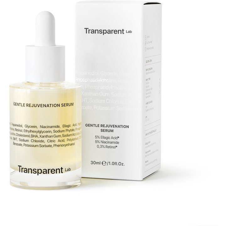 Transparent Lab Gentle Rejuvenation Serum 30 ml anti-age ansigtsserum med retinol i glasflaske og hvid æske.