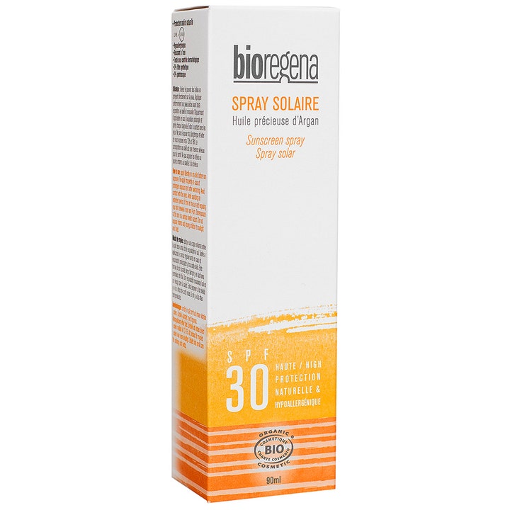 Bioregena Sunscreen Lotion Face & body 90 ml solbeskyttelse i hvid kartonæske med orange detaljer og SPF 30