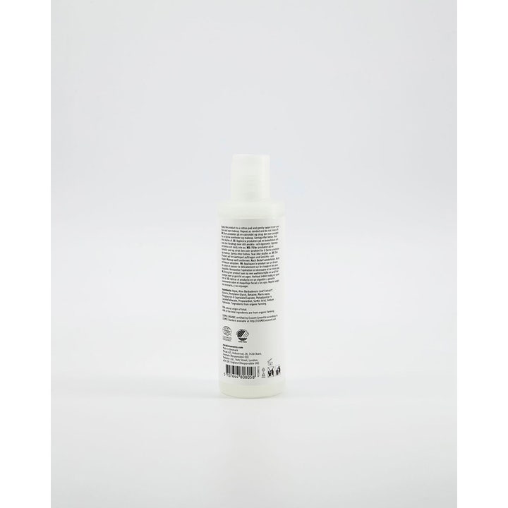 Meraki Micellar makeup remover 195 ml opfriskende ansigtsrens i gennemsigtig flaske med fokus på bagsidens tekst