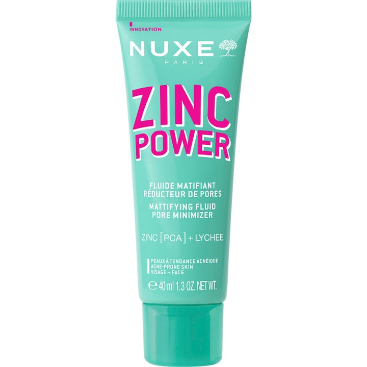 Nuxe Zinc Power 40 ml matterende ansigtscreme i en turkis tube med pink tekst minimerer porer og modvirker urenheder.