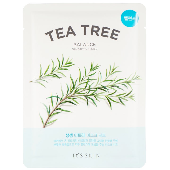 It'S SKIN Tea Tree Balance Mask Sheet 1 stk beroligende ansigtsmaske i hvid emballage med grønne tetræ-kviste.
