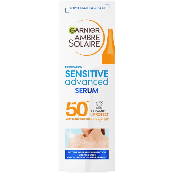 Garnier Ambre Solaire Sensitive Advanced Serum 125 ml beskyttende solserum i hvid æske med SPF 50 og ceramide protect