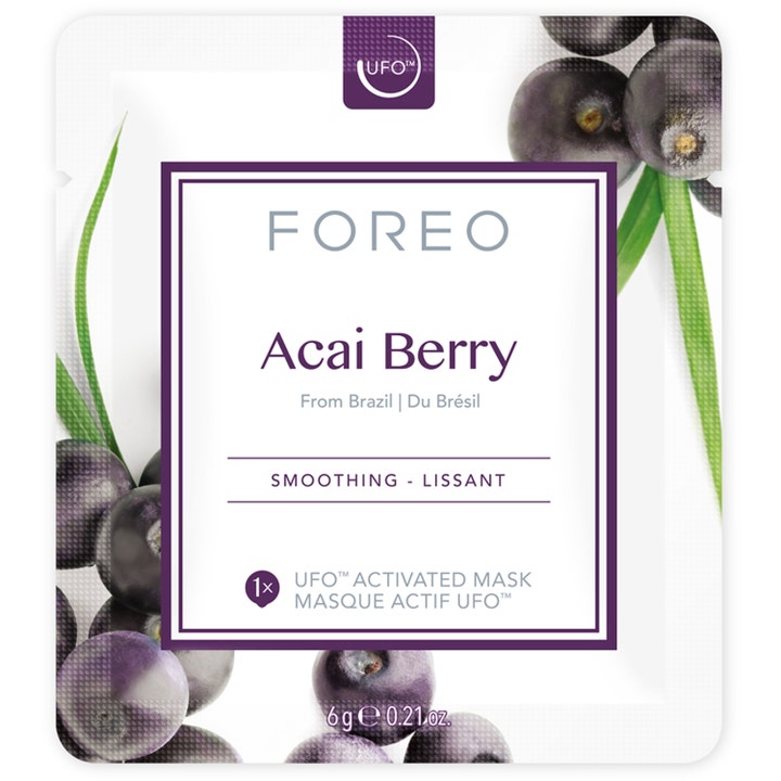 FOREO UFO Mask Natural Collection Acai Berry 36 g udglattende ansigtsmaske i hvid pose med lilla bær