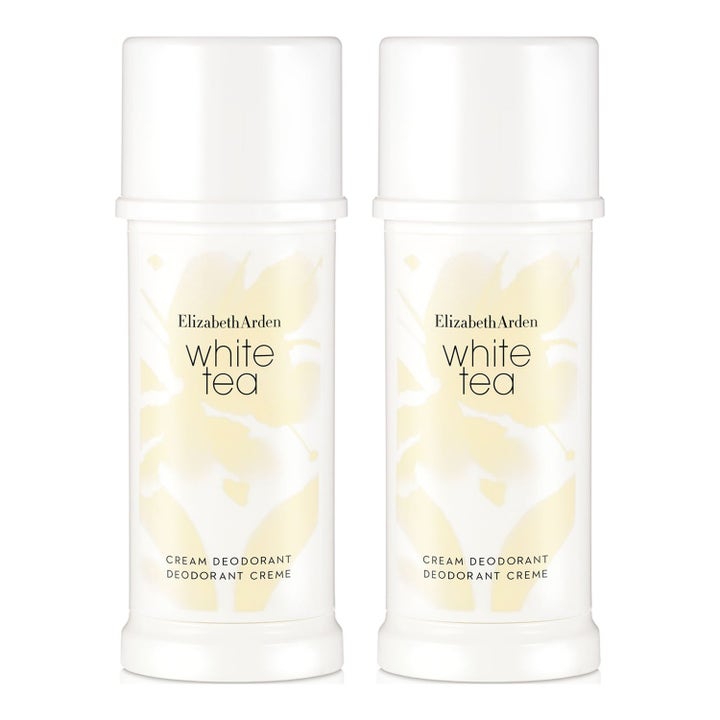 Elizabeth Arden White Tea Cream Deodorant 2-pak forfriskende kropspleje i to hvide stifter med gule blomster.