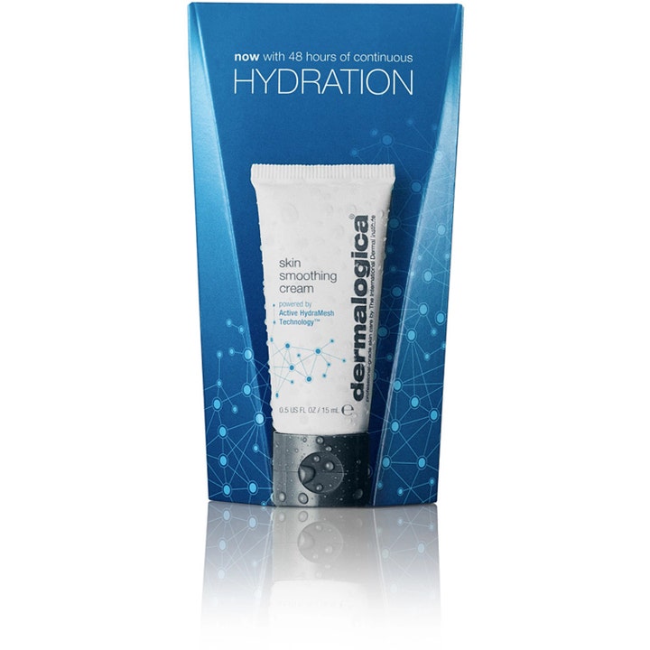 Dermalogica Skin Smoothing Cream 15 ml fugtgivende ansigtscreme i hvid tube og blå æske med hydreringstekst.