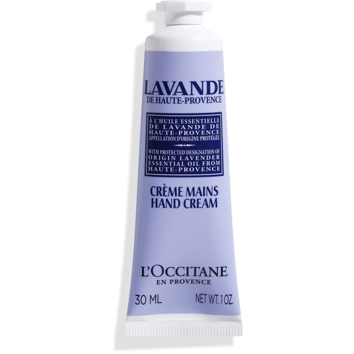 L'Occitane en Provence Lavender Hand Cream 30 ml blødgørende håndcreme i lyselilla tube med hvidt skruelåg.