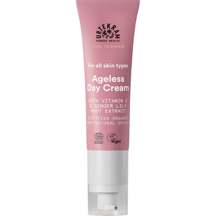 Urtekram Ageless Day Cream 50 ml i en støvet rosa tube med hvid pumpe der giver glød med vitamin C.
