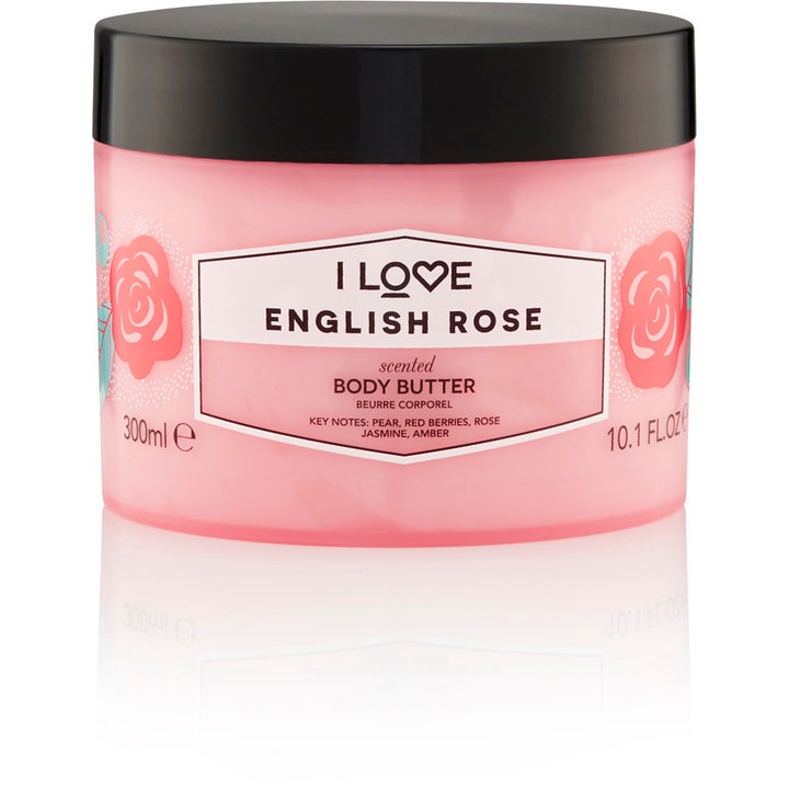 I Love English Rose 300ml velduftende body butter kropspleje i lyserød krukke med sort låg og roser