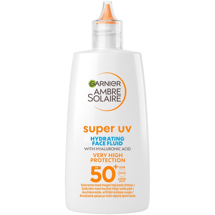 Garnier Ambre Solaire Super UV Face Fluid SPF 50 fugtgivende ansigtssolcreme i hvid plastflaske med orange tud