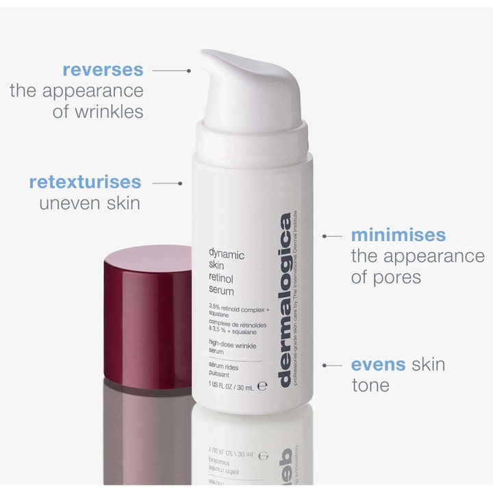 Dermalogica Dynamic Skin Retinol Serum 30 ml mod rynker i hvid pumpeflaske med bordeaux låg og infotekst.