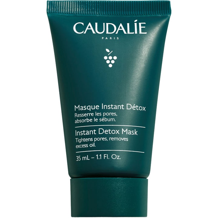 Caudalie Instant Detox Mask 35 ml rensende ansigtsmaske i mørkegrøn tube der fjerner olie og mindsker porer.