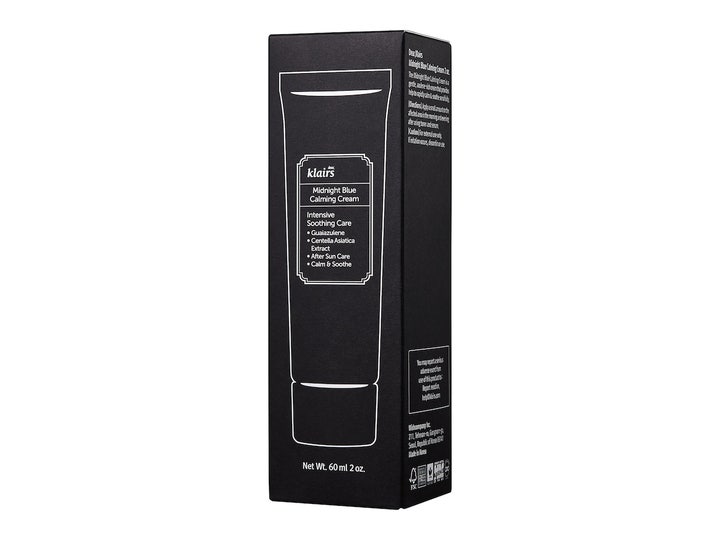 Klairs Midnight Blue Calming Cream 60 ml beroligende ansigtscreme i sort emballage med hvid stregtegning af en tube