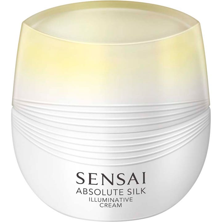 Sensai Absolute Silk Illuminative Cream 40 ml ansigtscreme giver glød i en hvid rillet krukke med gyldent låg