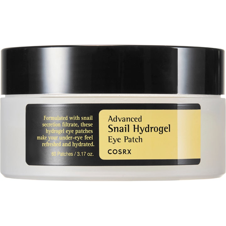 COSRX Advanced Snail Hydrogel Eye Patch 60 stk fugtgivende øjenmasker i hvid krukke med sort låg og gul label.
