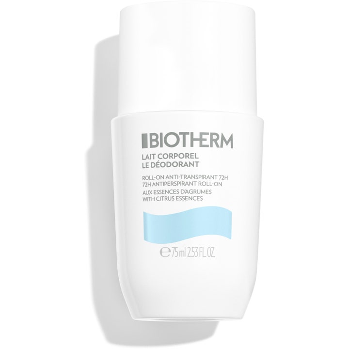 Biotherm Lait Corporel Deodorant Roll-On 75 ml giver 72 timers friskhed i hvid flaske med lyseblå bølgegrafik