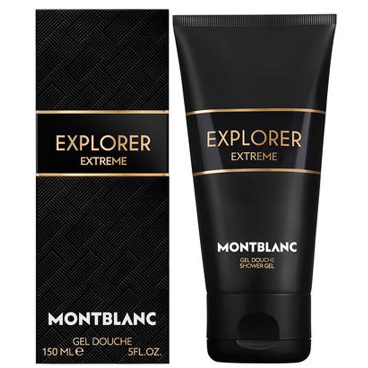Montblanc Explorer Extreme 150 ml opfriskende showergel i elegant sort tube og mønstret æske med gulddetaljer