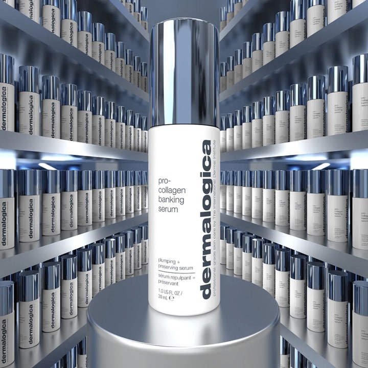 Dermalogica Pro-Collagen Banking Serum 30 ml plumping ansigtsserum i hvid flaske med sølvlåg på en sølv piedestal