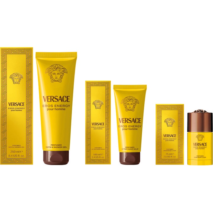 Versace Eros Energy Bath & Shower Gel 250 ml i gul tube og æske ved siden af after shave balm og deostick