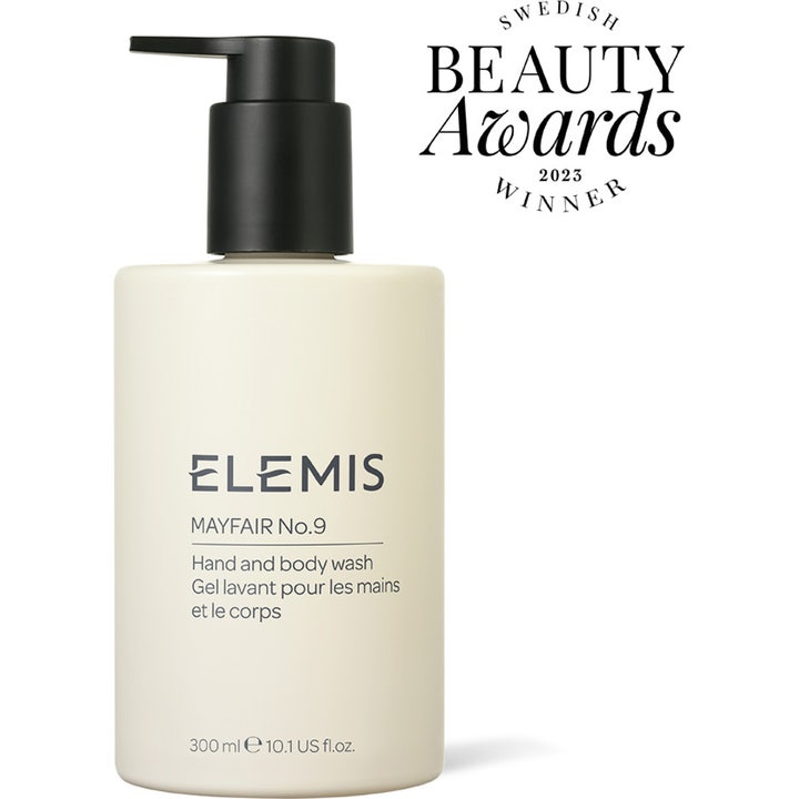 Elemis Mayfair No.9 Hand & Body Wash 300 ml plejende kropsvask i hvid flaske med sort pumpe og Swedish Beauty Awards logo