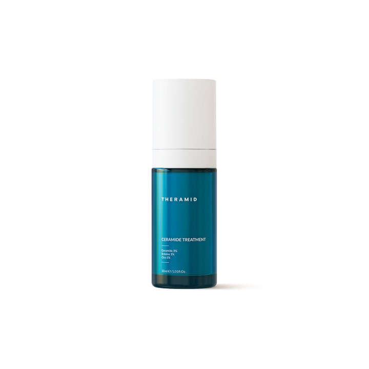 Theramid Ceramide Treatment 30ml styrkende ansigtsbehandling i en blå gennemsigtig flaske med hvidt låg