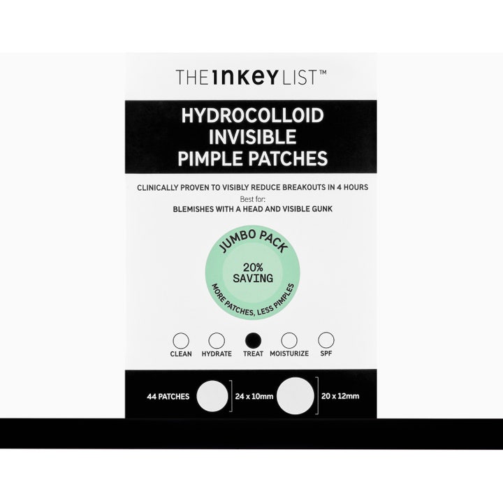 The INKEY List Hydrocolloid Invisible Pimple Patches 22 stk spot treatment mod urenheder vist med hvid æske og runde plastre.